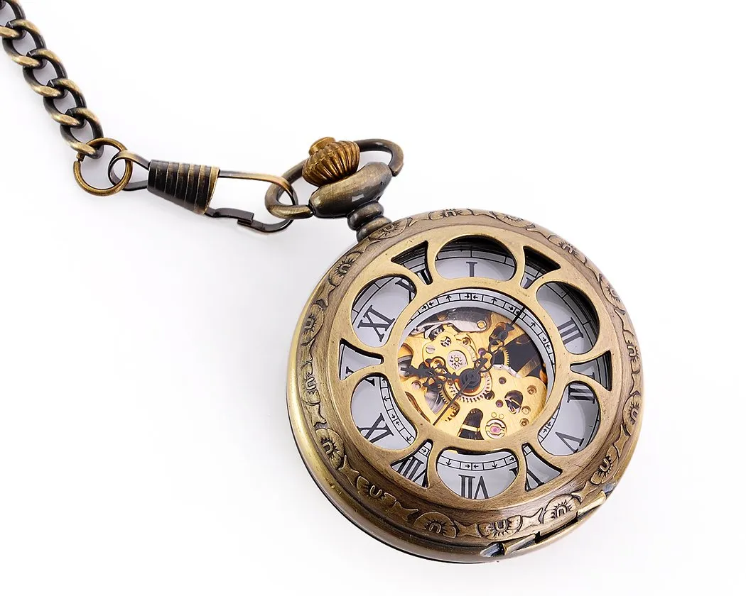 Classic Hand Wind Mechanical Pocket Watch with Chain - Copper