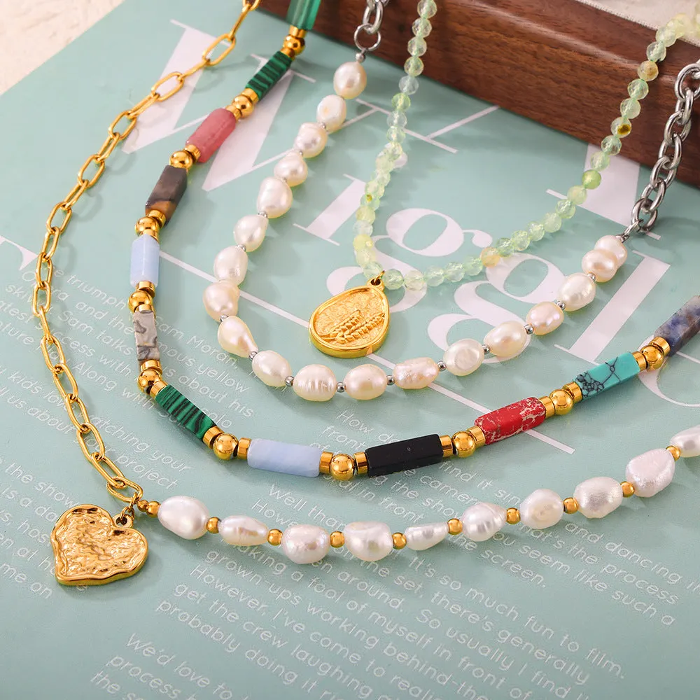 Colorful Jade Grape Stone Half Pearl Half Chain Necklace