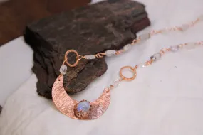 Crescent Moonstone Necklace with Aquamarine bead chain