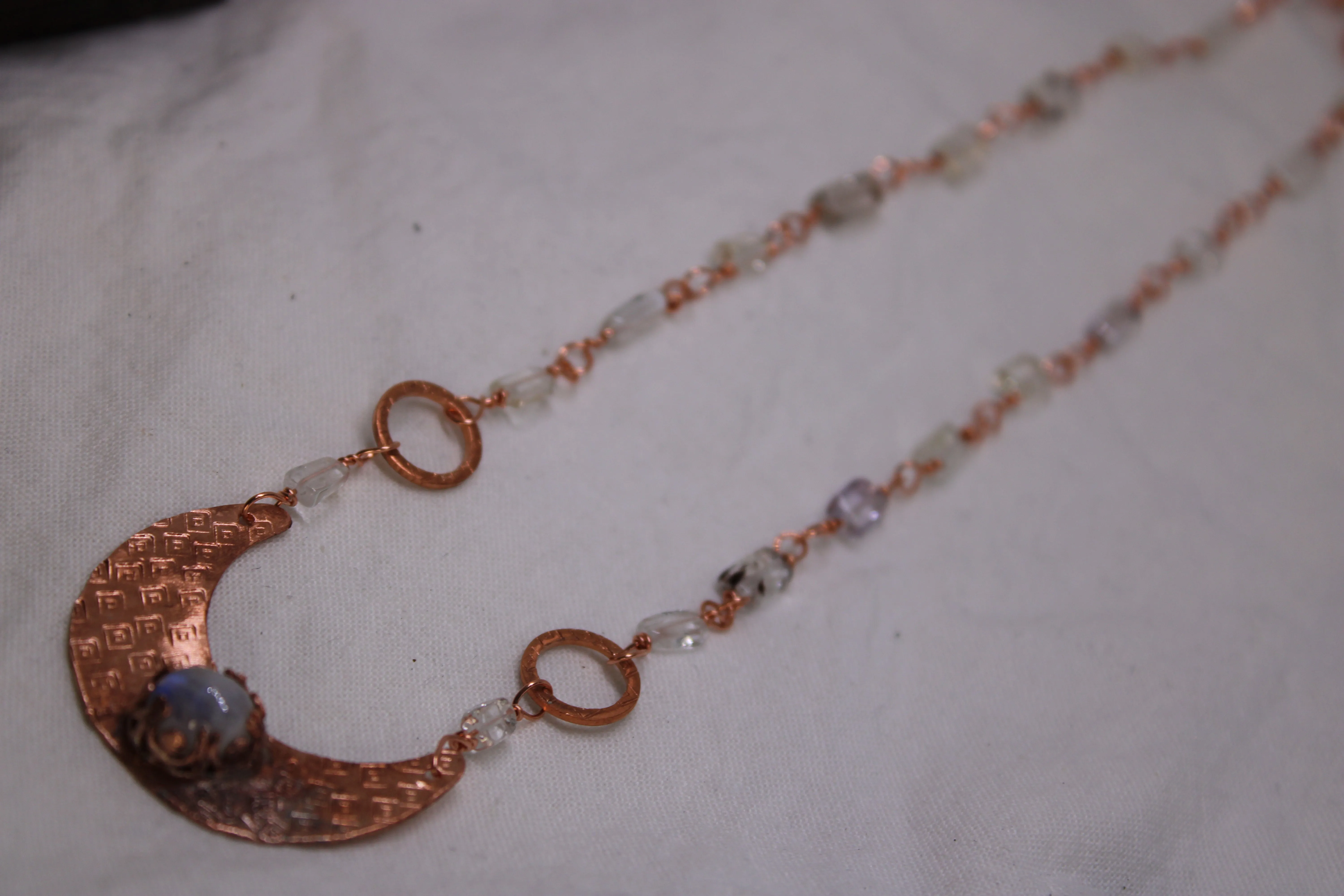 Crescent Moonstone Necklace with Aquamarine bead chain