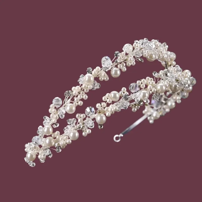 Crystal & Pearl Beaded Antique Silver Double Bridal Headband