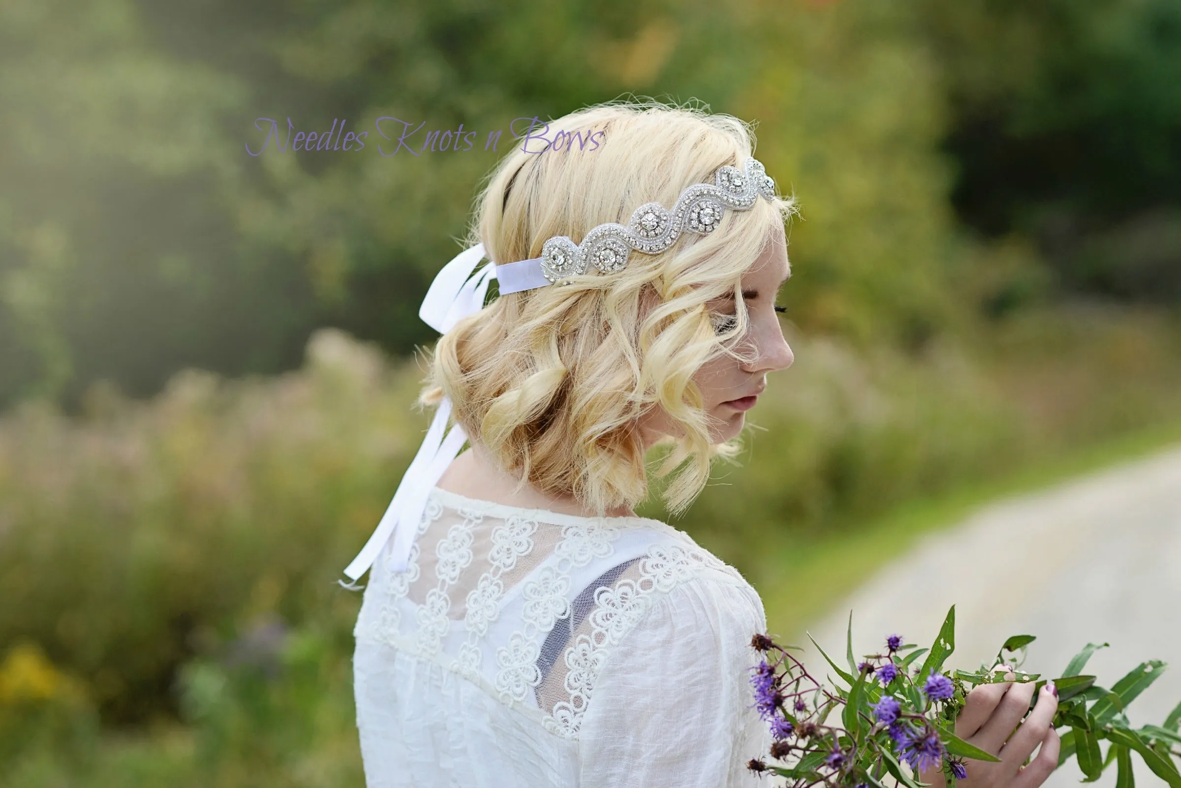 Crystal Rhinestone Tie on Headband, Wedding, Flower Girl