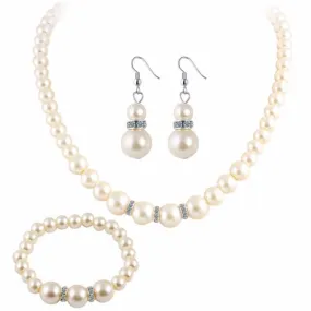 Cultured Freshwater White Pearl Necklace Bracelet and Drop Earring Jewelry Set