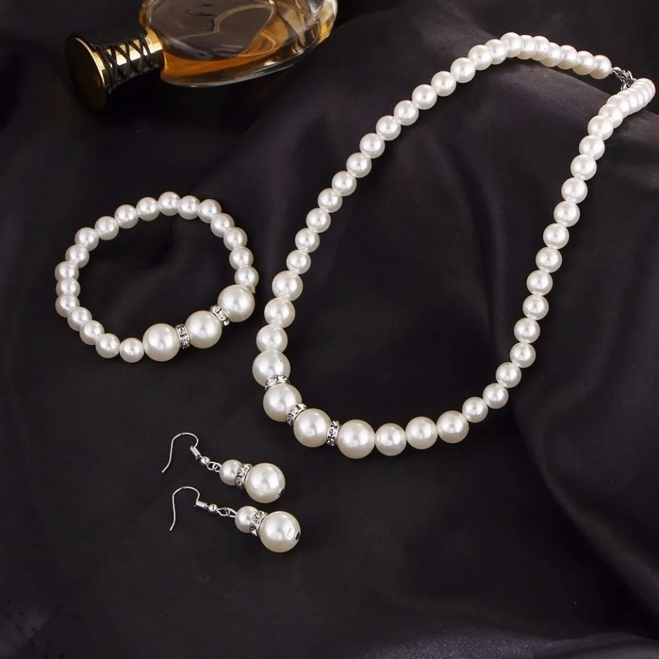 Cultured Freshwater White Pearl Necklace Bracelet and Drop Earring Jewelry Set