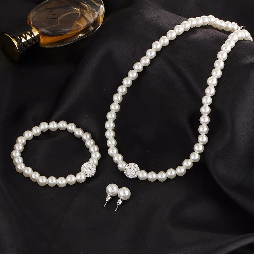 Cultured Freshwater White Pearl Necklace Bracelet and Stud Earring Jewelry Set