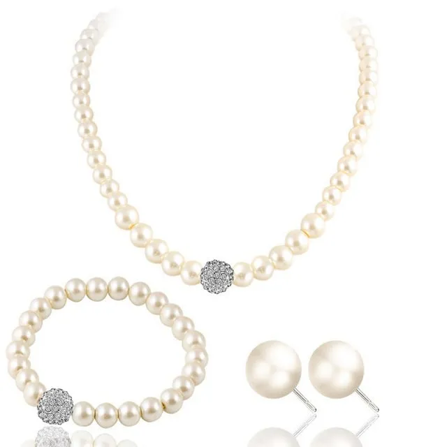 Cultured Freshwater White Pearl Necklace Bracelet and Stud Earring Jewelry Set