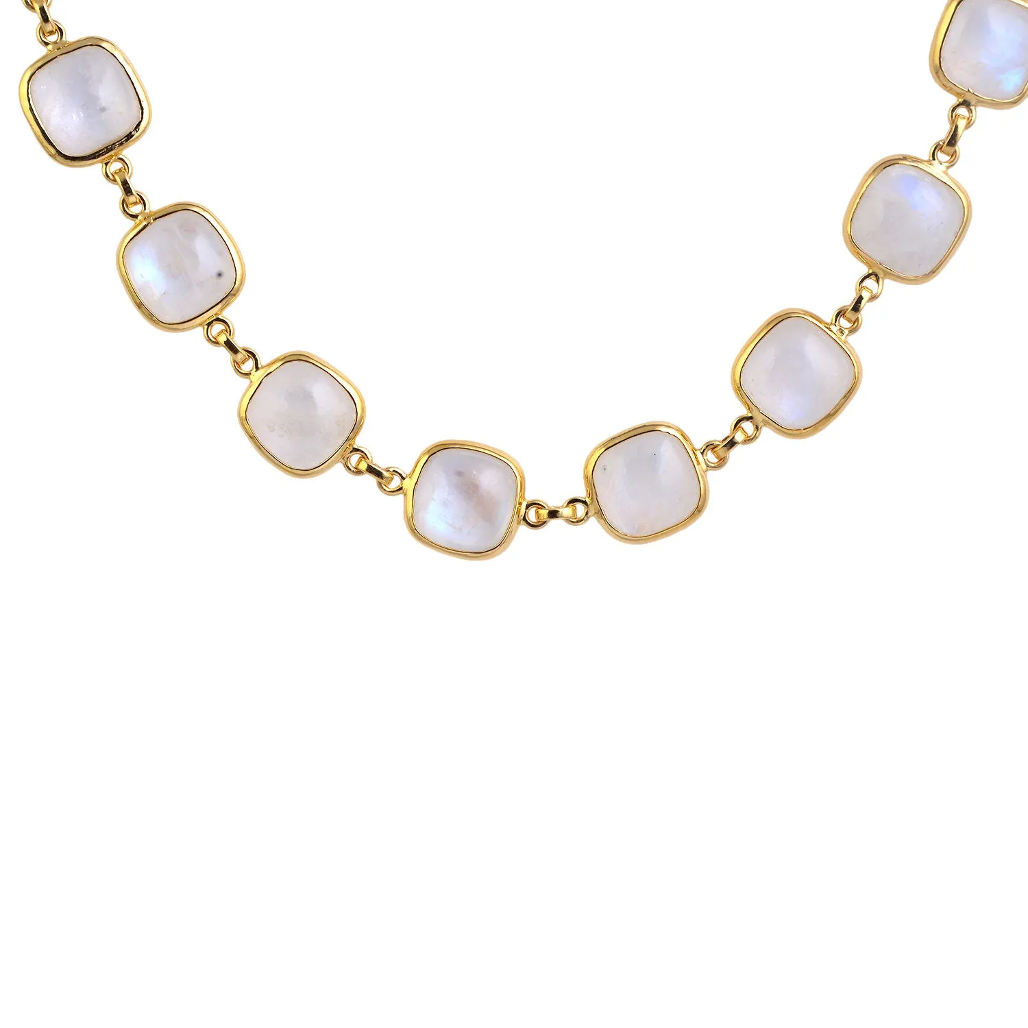 Cushion Cut Moonstone Gemstone Bezel Set Opera Necklace 18K Yellow Gold Jewelry