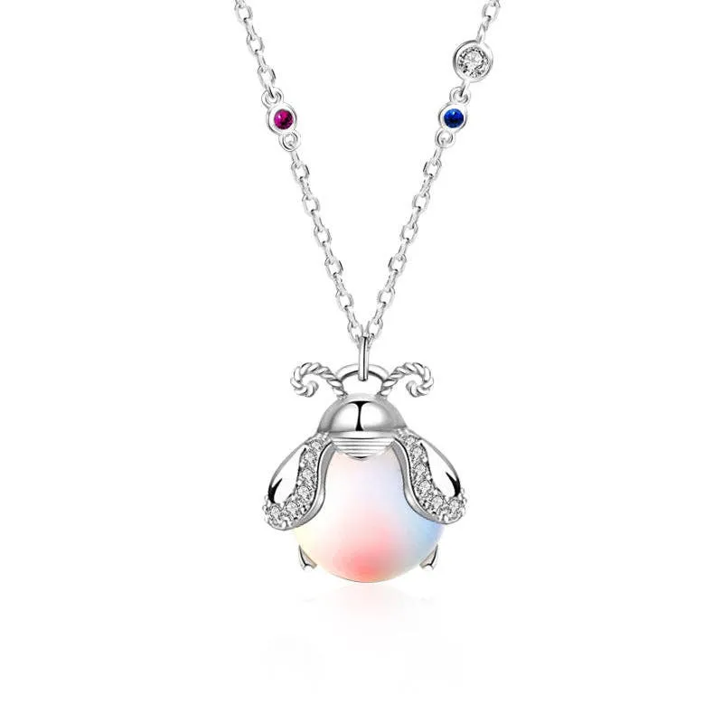 Cute Firefly Bug Charm Necklace in 925 Sterling Silver: Silver/Pink