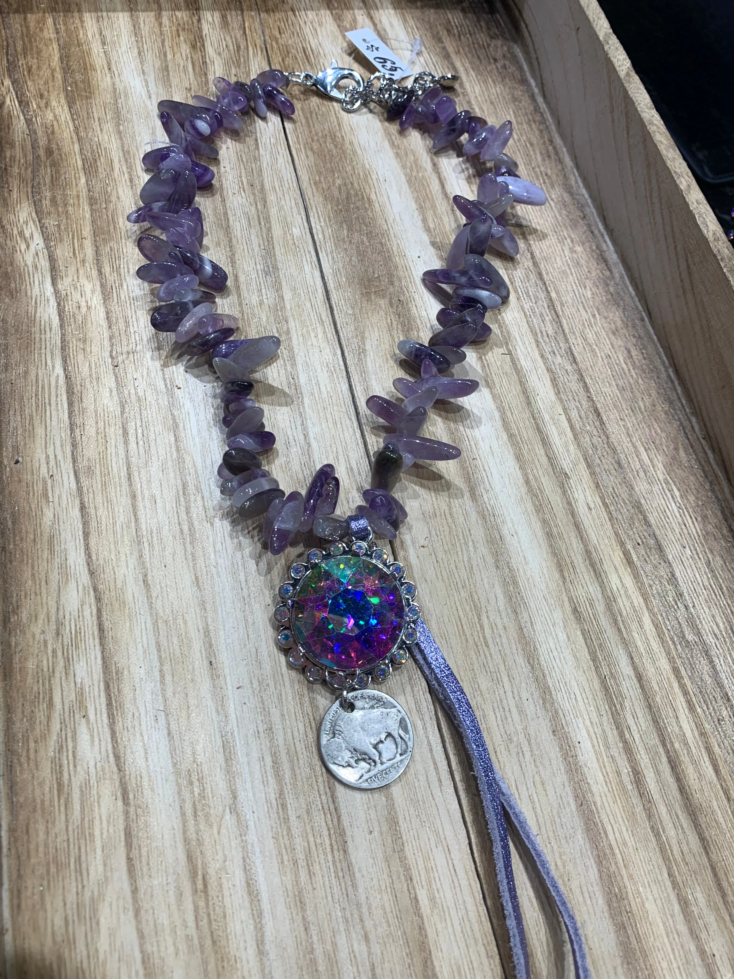 Dakota Clear Crystal Chunky Stone Buffalo Nickel Necklace - Purple Mix