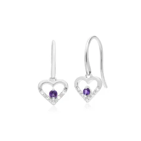 Damen 9 Karat Weiss Gold Einzeln Amethyst & Diamant Herzen Tropfen Ohrringe