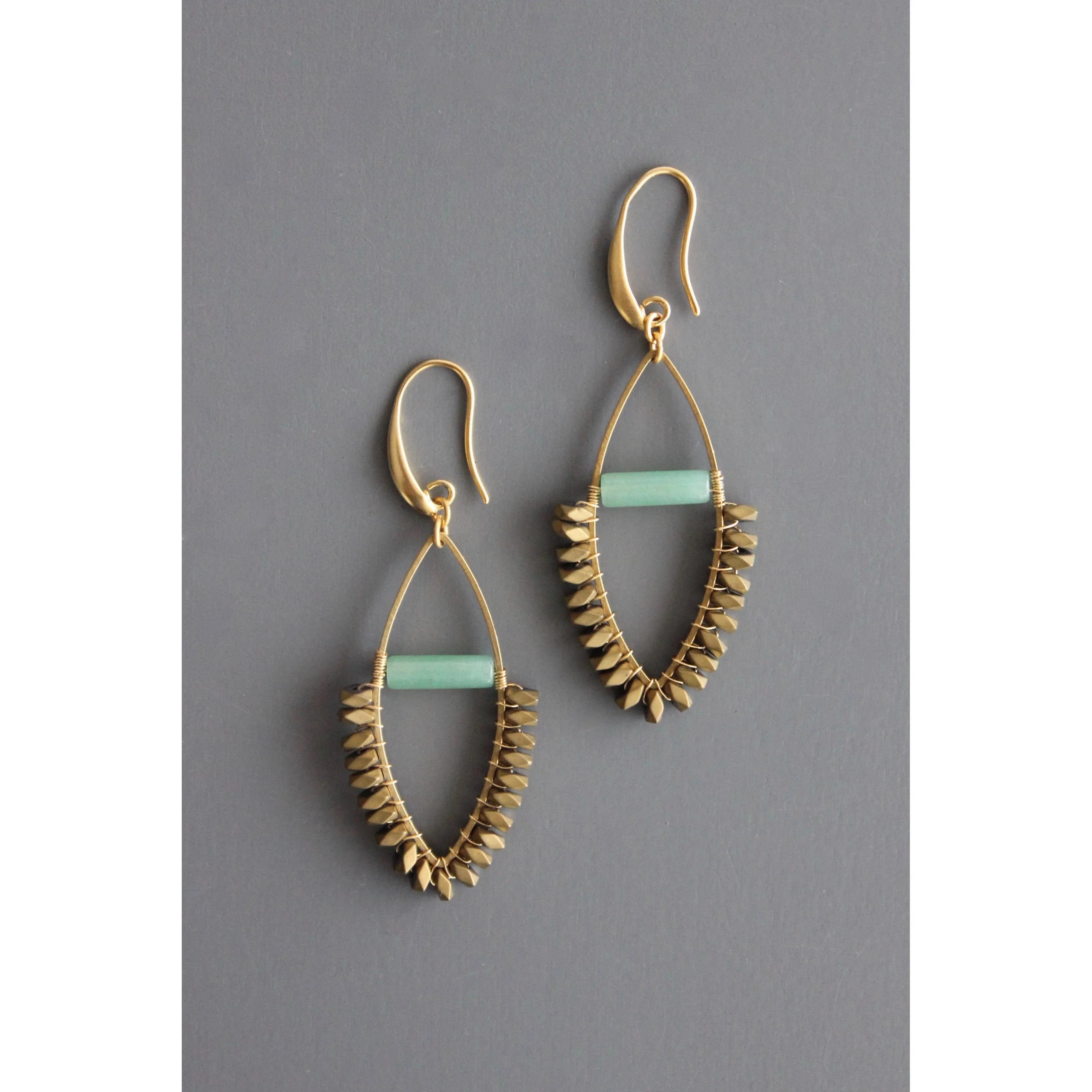 David Aubrey Jade & Gold Hematite Wire Wrapped Earrings