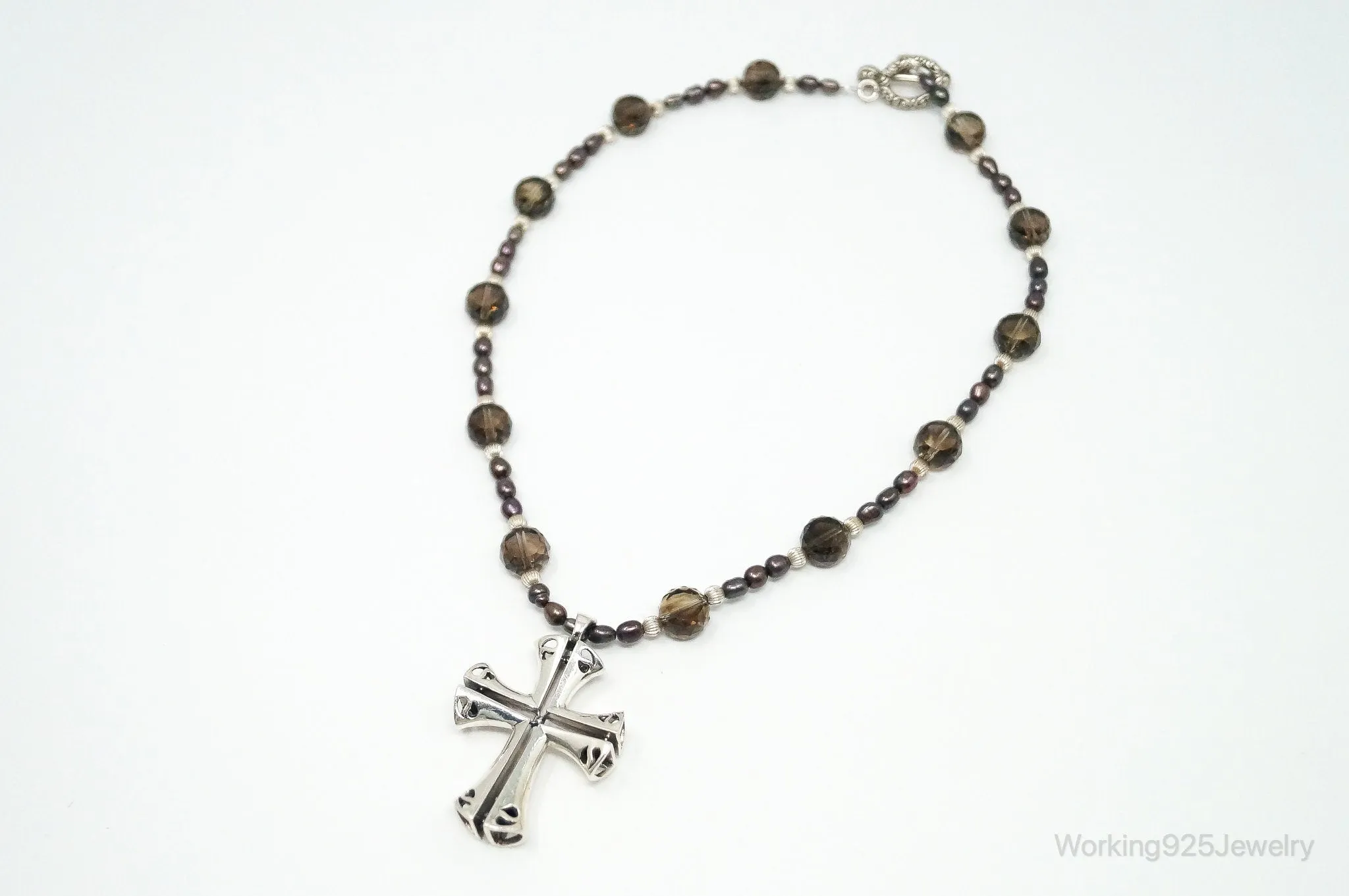 Designer Large Cross Smoky Topaz Pearl Sterling Silver Necklace