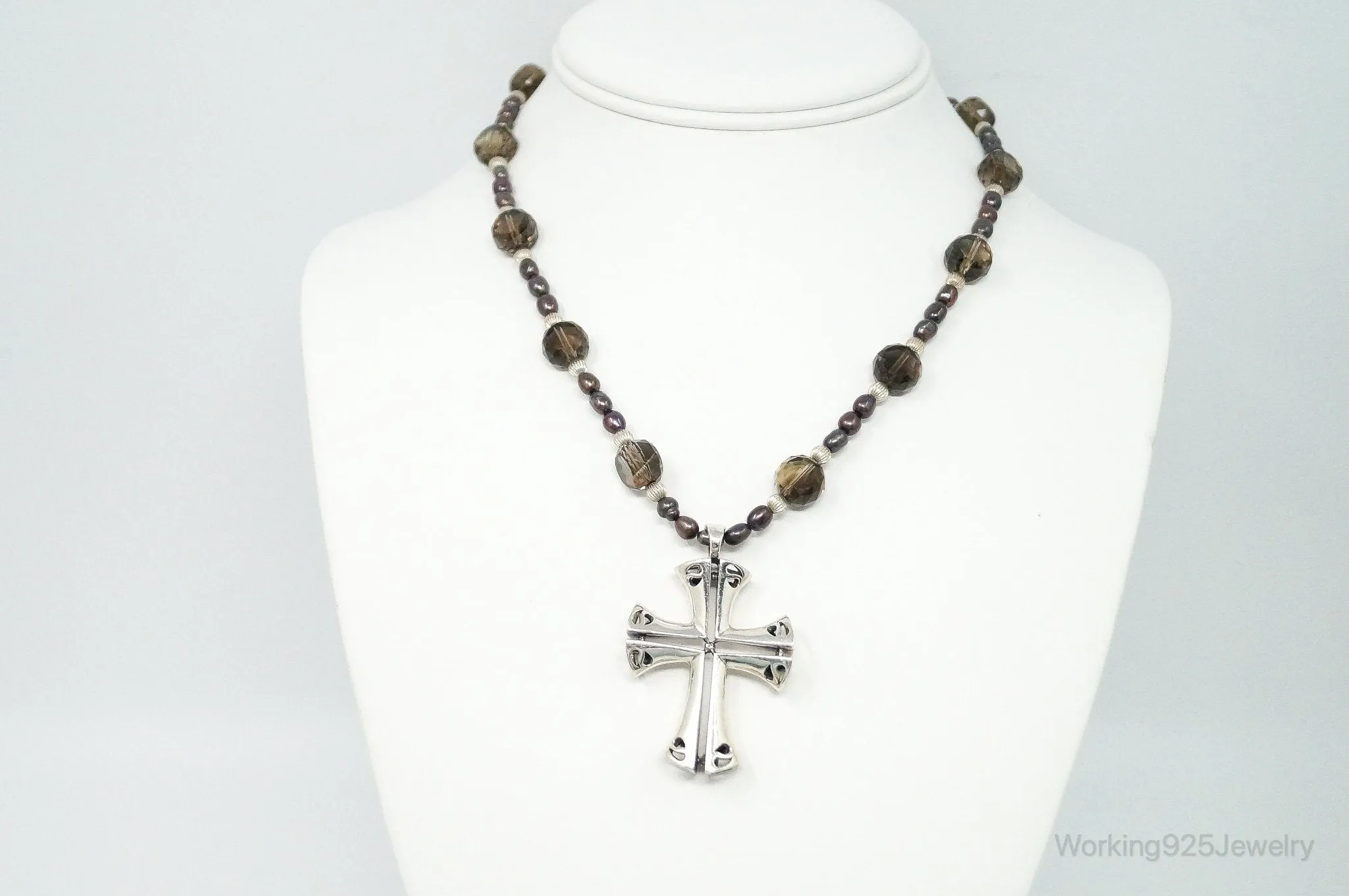 Designer Large Cross Smoky Topaz Pearl Sterling Silver Necklace