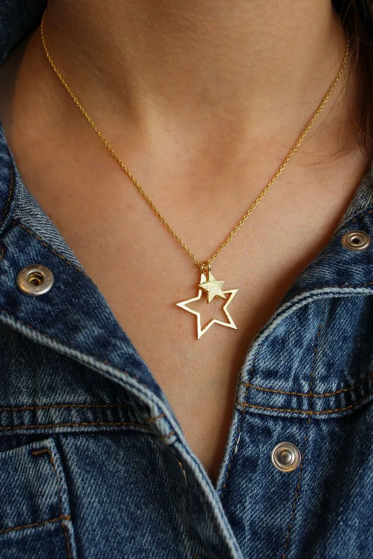 Double Brushed Gold Star Necklace