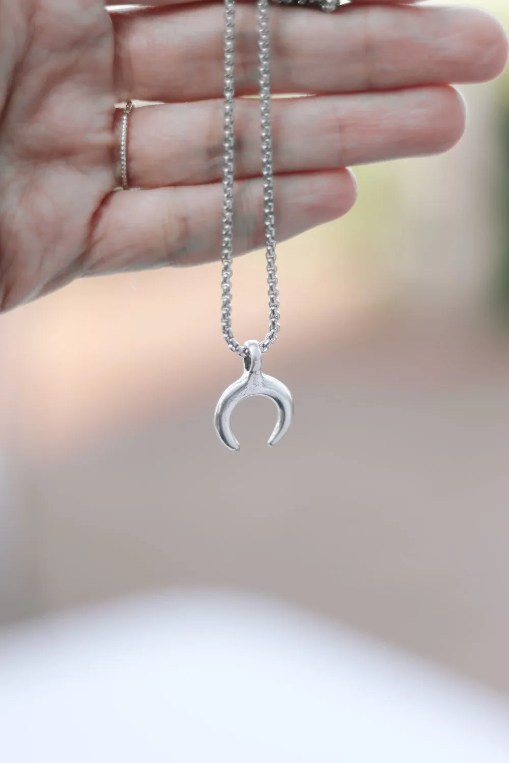 Double horn necklace for men, men's crescent moon necklace on a Rolo chain, silver pendant, gift for him, mens jewelry