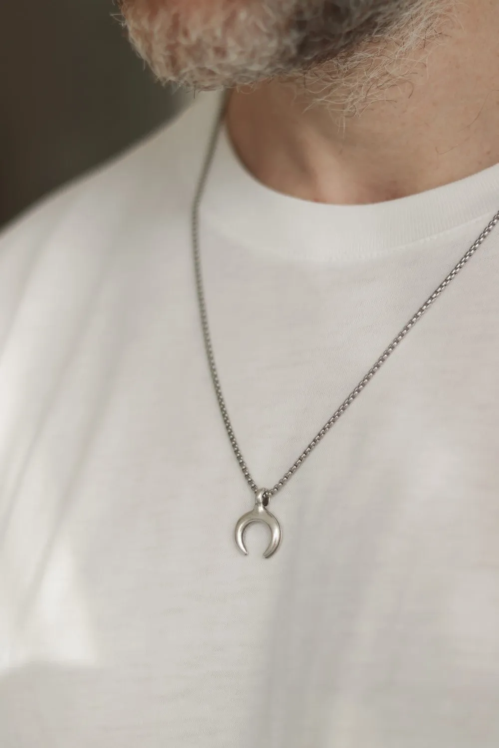 Double horn necklace for men, men's crescent moon necklace on a Rolo chain, silver pendant, gift for him, mens jewelry