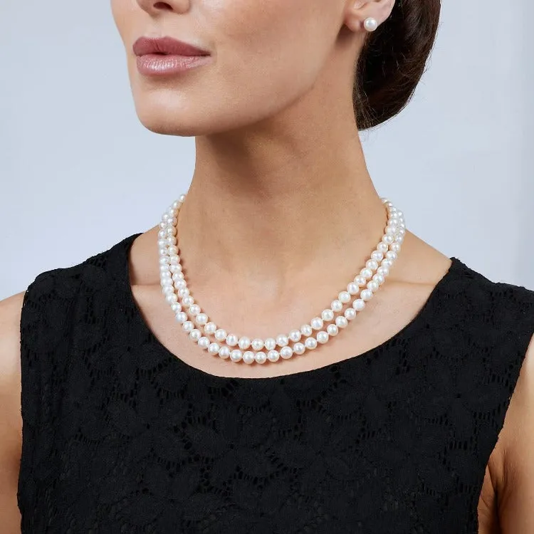 Double Strand Pearl Necklace 6-7mm White Pearl with Silver Secure Lock Clasp