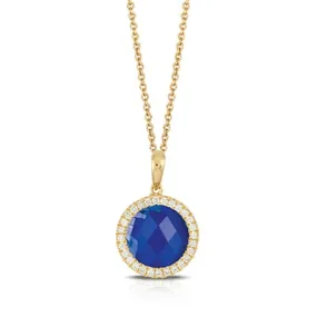 Doves 18K Yellow Gold Clear Quartz over Lapis Round Pendant with Diamond Halo