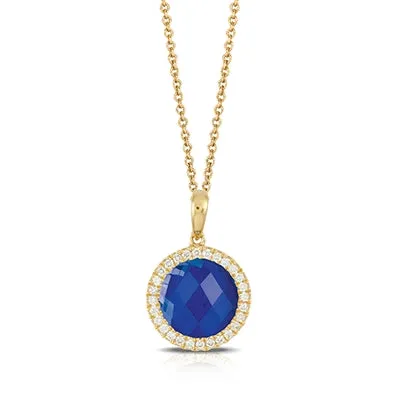 Doves 18K Yellow Gold Clear Quartz over Lapis Round Pendant with Diamond Halo