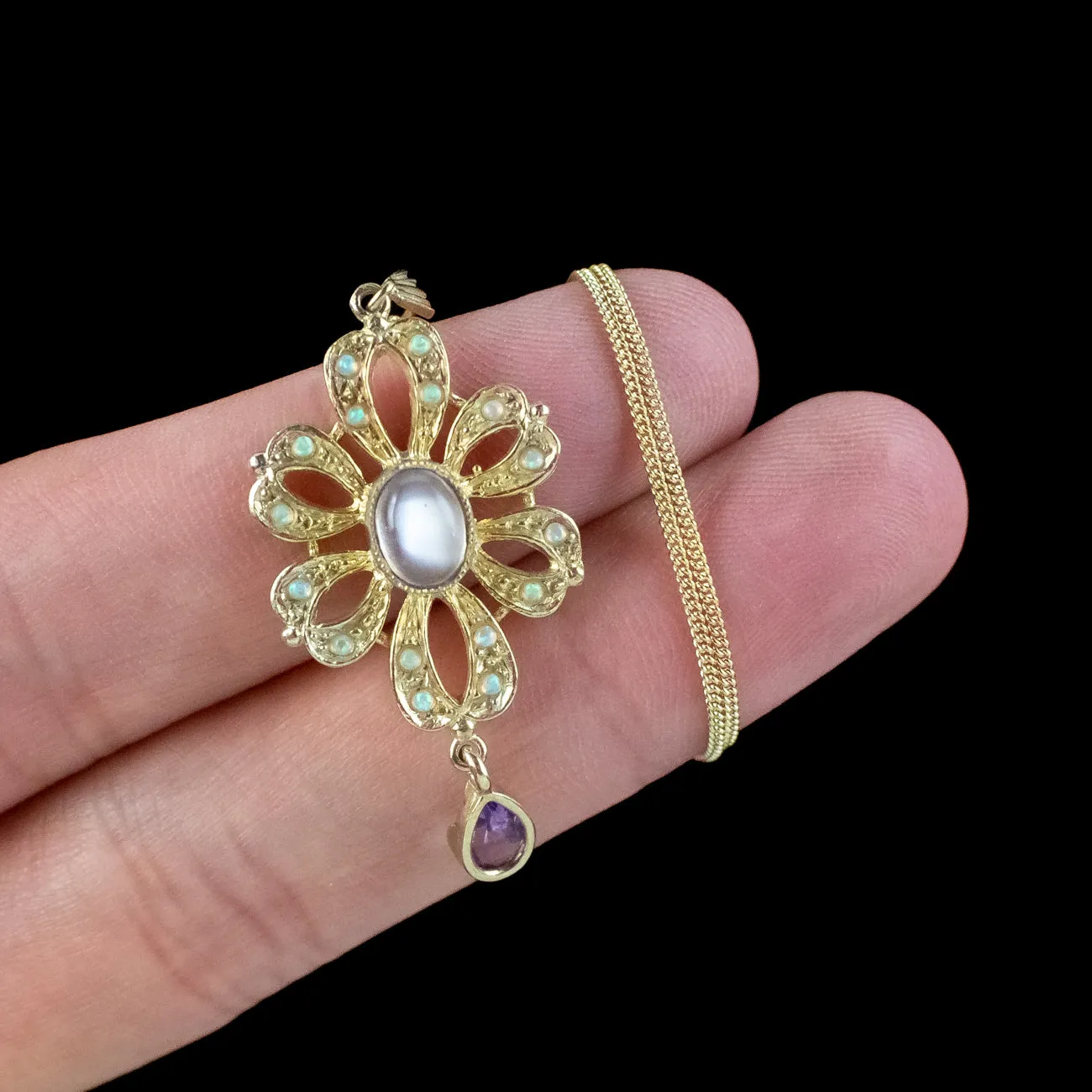 Edwardian Style Opal Moonstone Amethyst Pendant Necklace Silver Gold Gilt