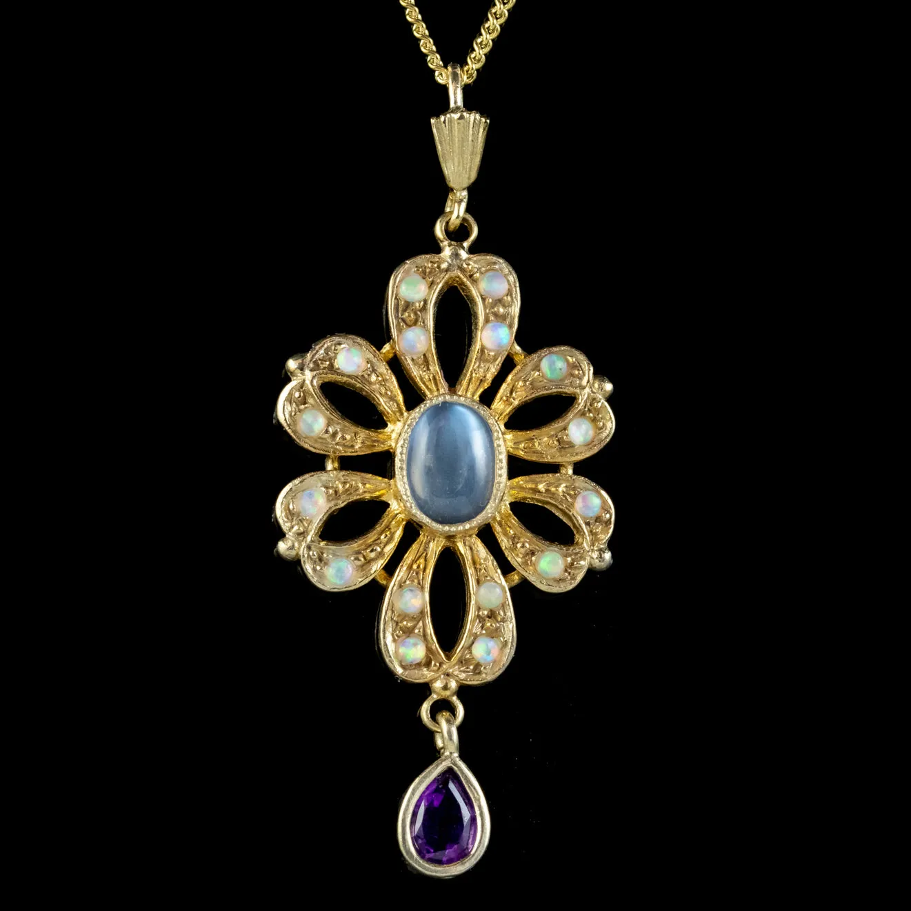 Edwardian Style Opal Moonstone Amethyst Pendant Necklace Silver Gold Gilt