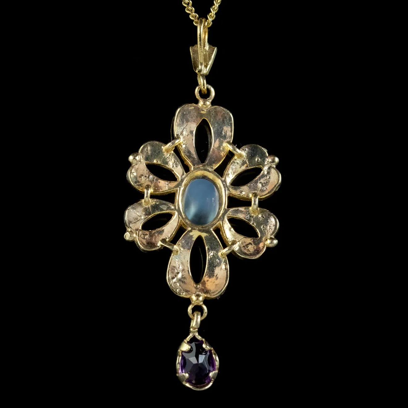 Edwardian Style Opal Moonstone Amethyst Pendant Necklace Silver Gold Gilt