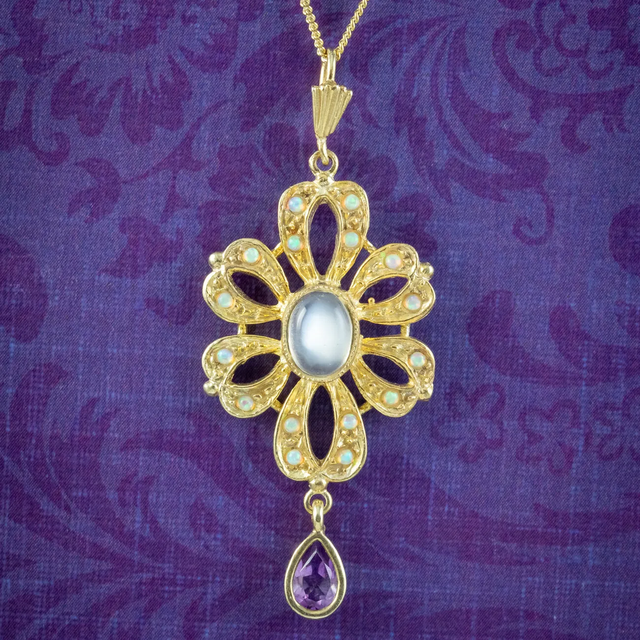 Edwardian Style Opal Moonstone Amethyst Pendant Necklace Silver Gold Gilt