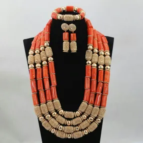 Elegant Coral embellished with Gold Balls Bridal Party African Nigerian Jewellery Set