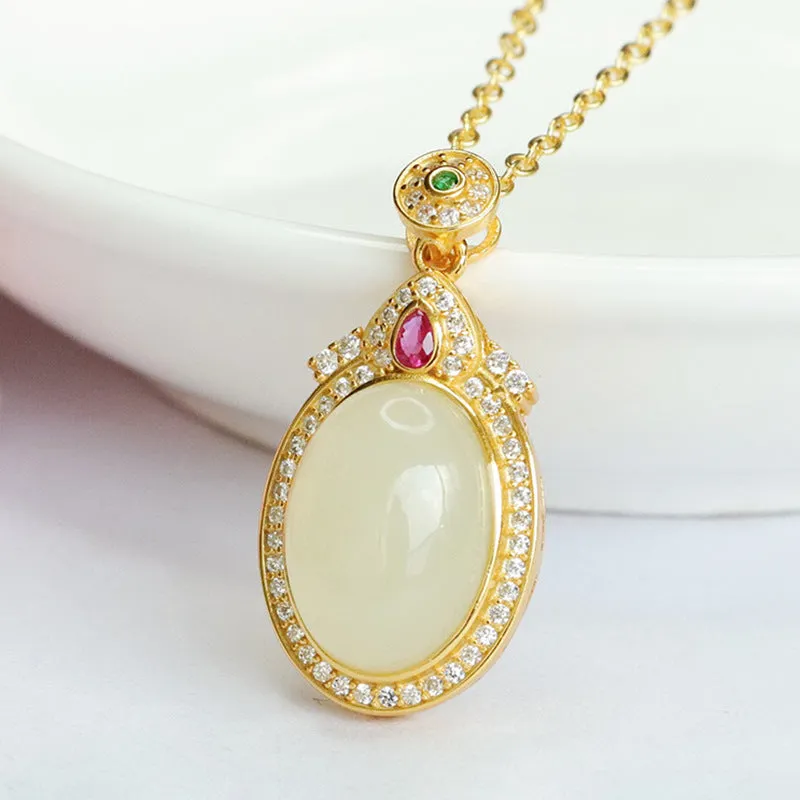 Elegant Sterling Silver Necklace featuring Hetian Jade and Zircon Halo