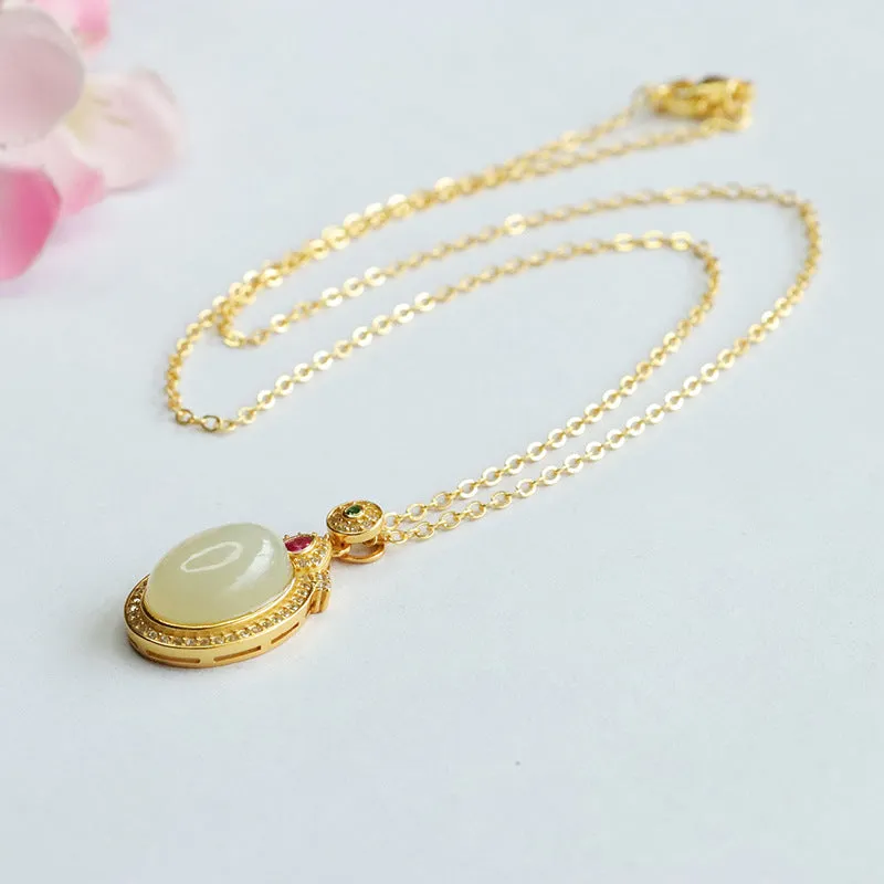 Elegant Sterling Silver Necklace featuring Hetian Jade and Zircon Halo