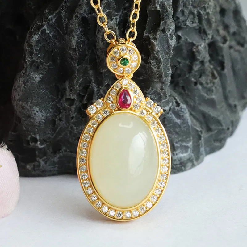 Elegant Sterling Silver Necklace featuring Hetian Jade and Zircon Halo