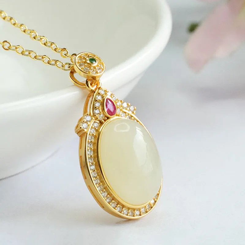 Elegant Sterling Silver Necklace featuring Hetian Jade and Zircon Halo