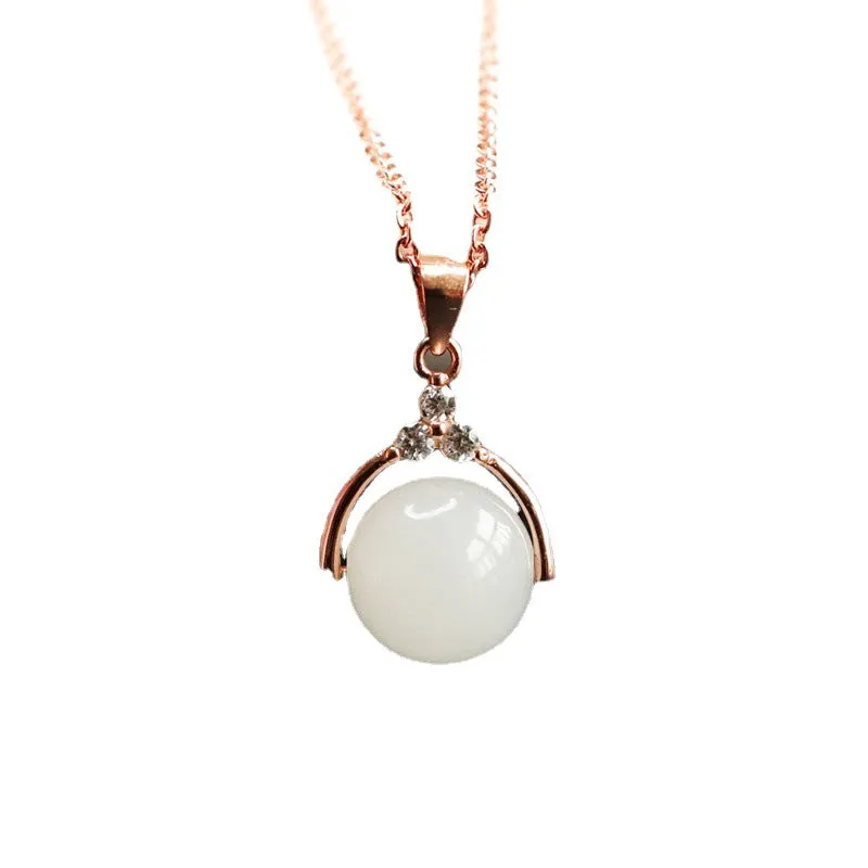 Elegant Zircon Necklace with Sterling Silver and Natural Hetian White Jade Beads