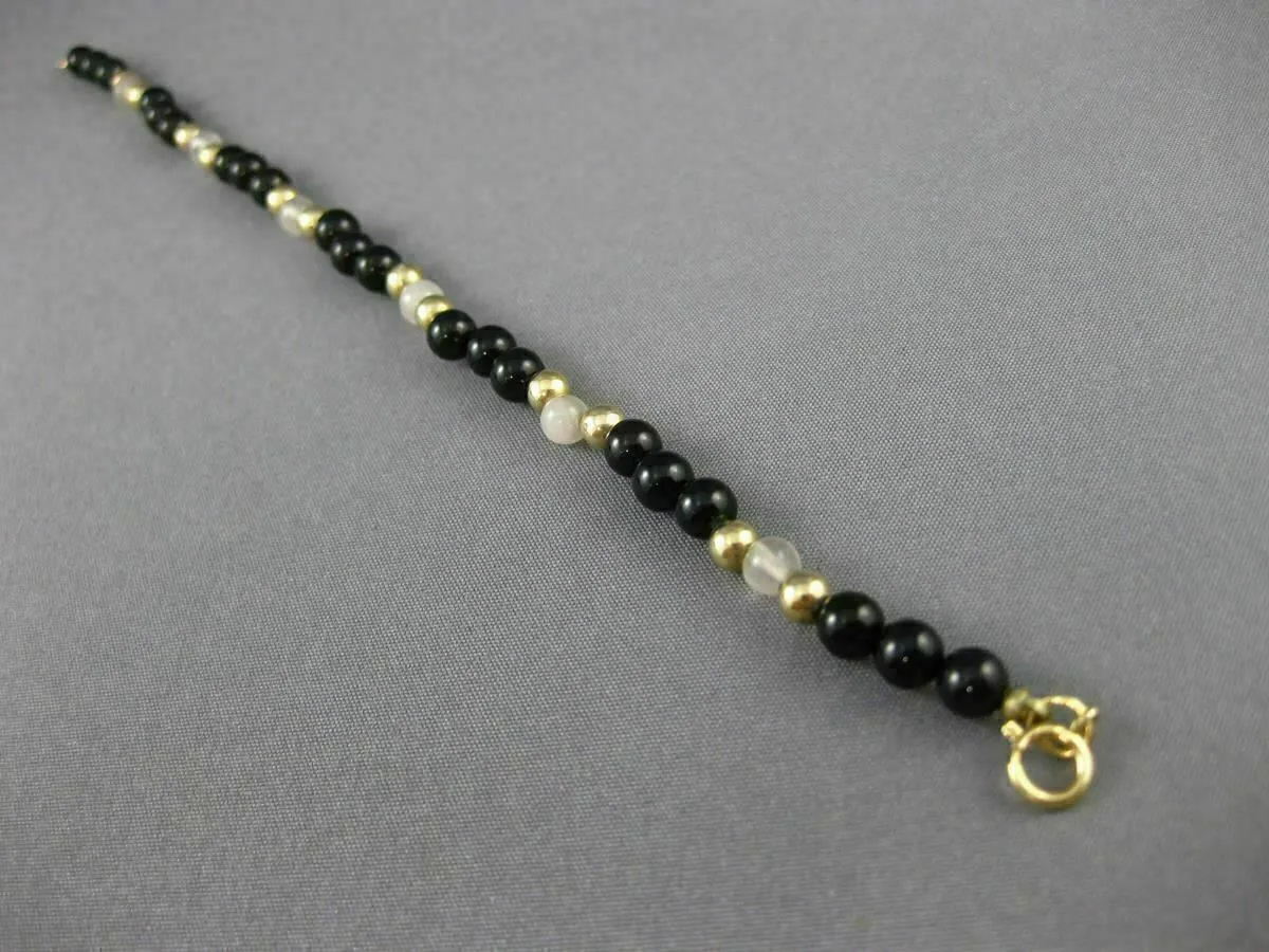 ESTATE AAA BLACK ONYX 14KT YELLOW GOLD 3D HANDCRAFTED BEAD BRACELET #25134