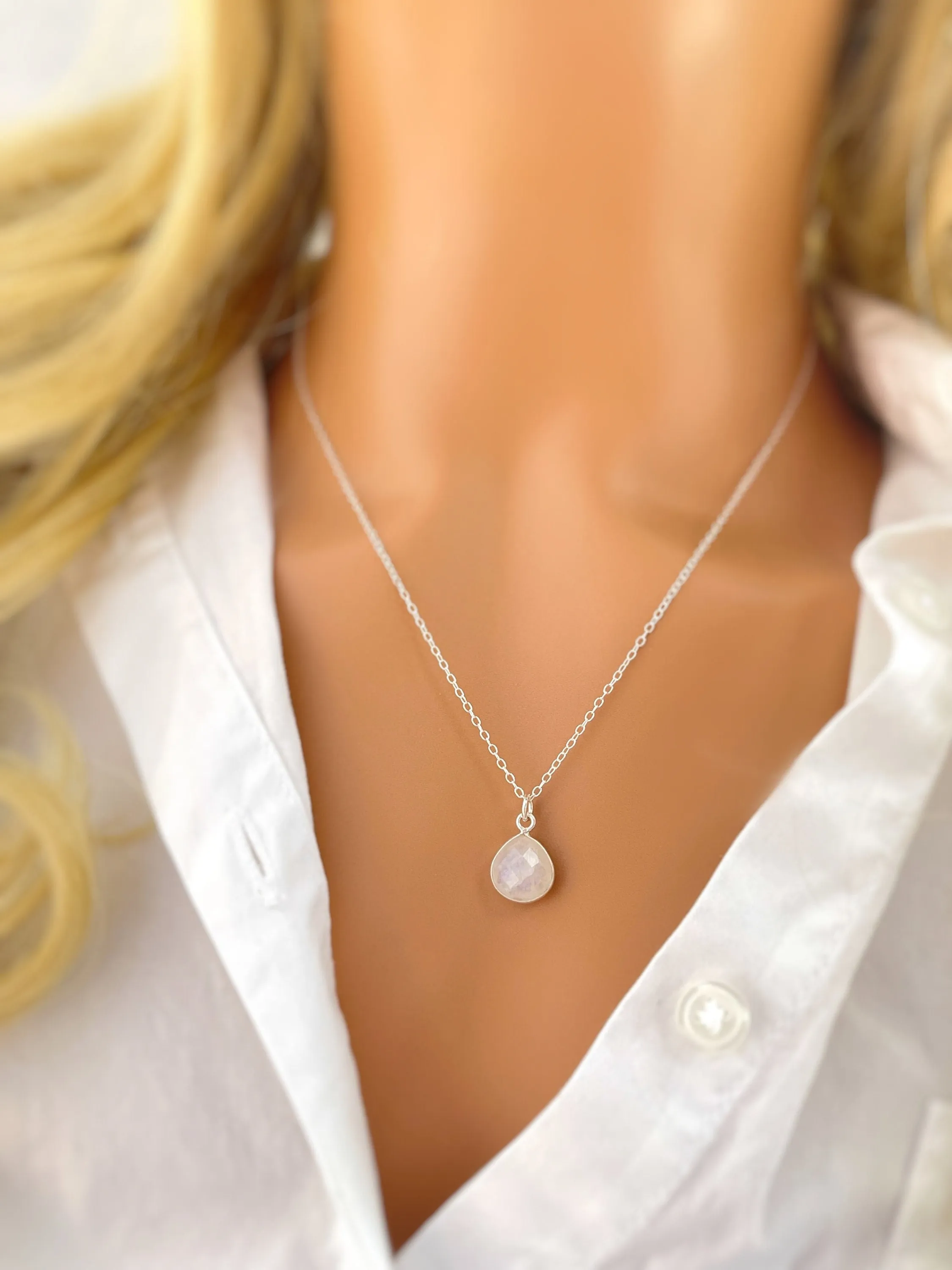 Facetted Dainty Moonstone Necklace Sterling Silver