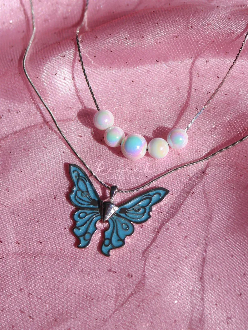 Fairy Elina Butterfly and Holographic Mermaid Pearl Necklace Set