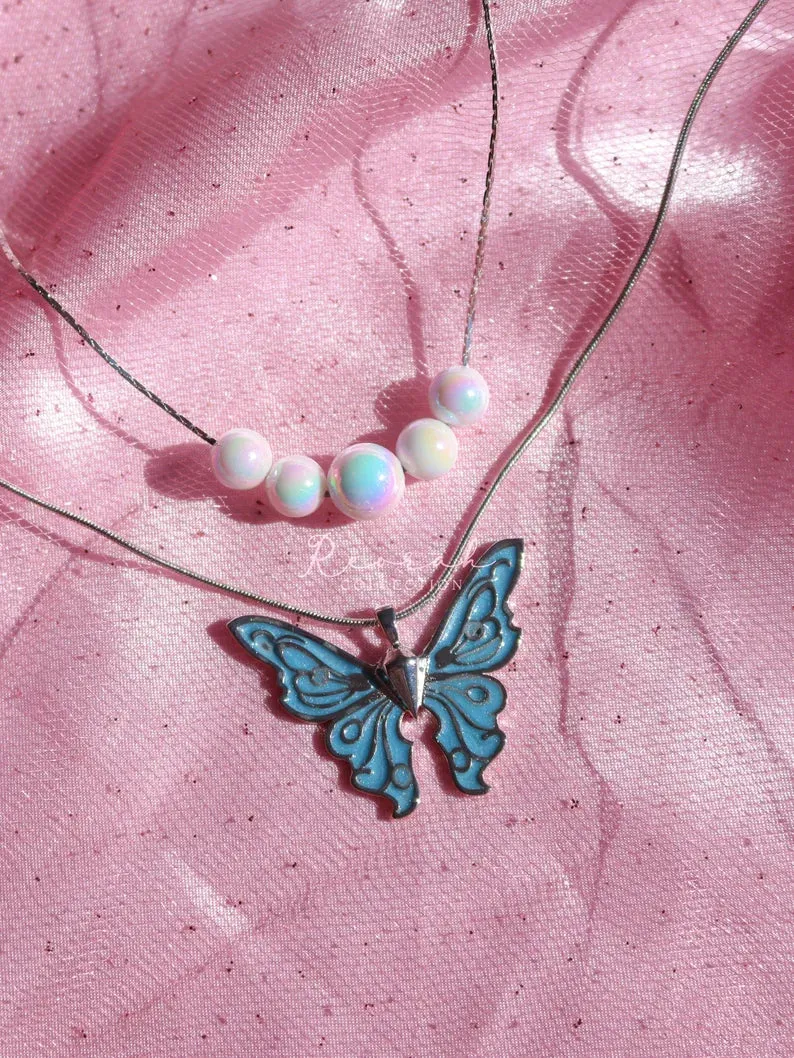 Fairy Elina Butterfly and Holographic Mermaid Pearl Necklace Set