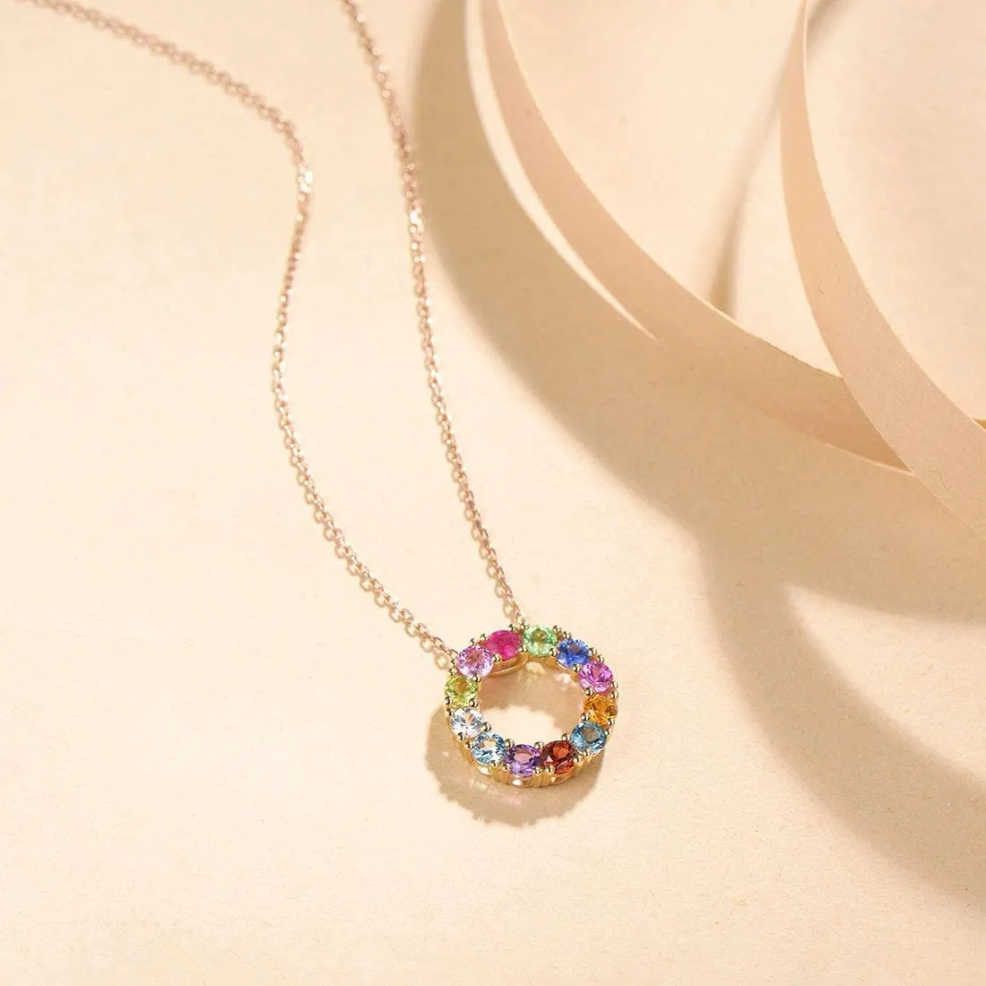 FANCIME "Magic Circle" Multi Colored Gemstone 14K Yellow Gold Necklace