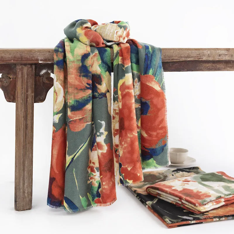 FH23-5404 Elegant Chinese style printed warm shawl scarf  winter scarf