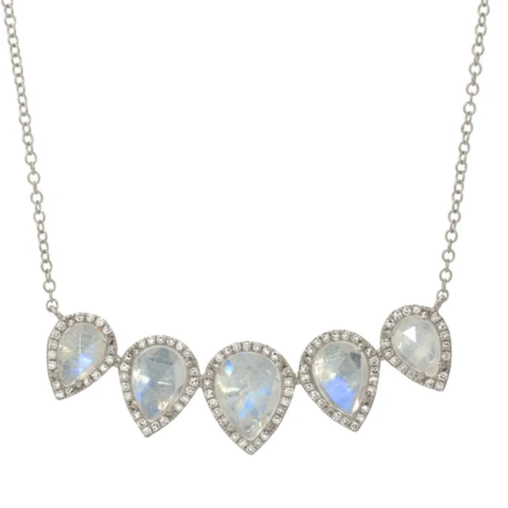 Five Pear Shape Rainbow Moonstone Necklace