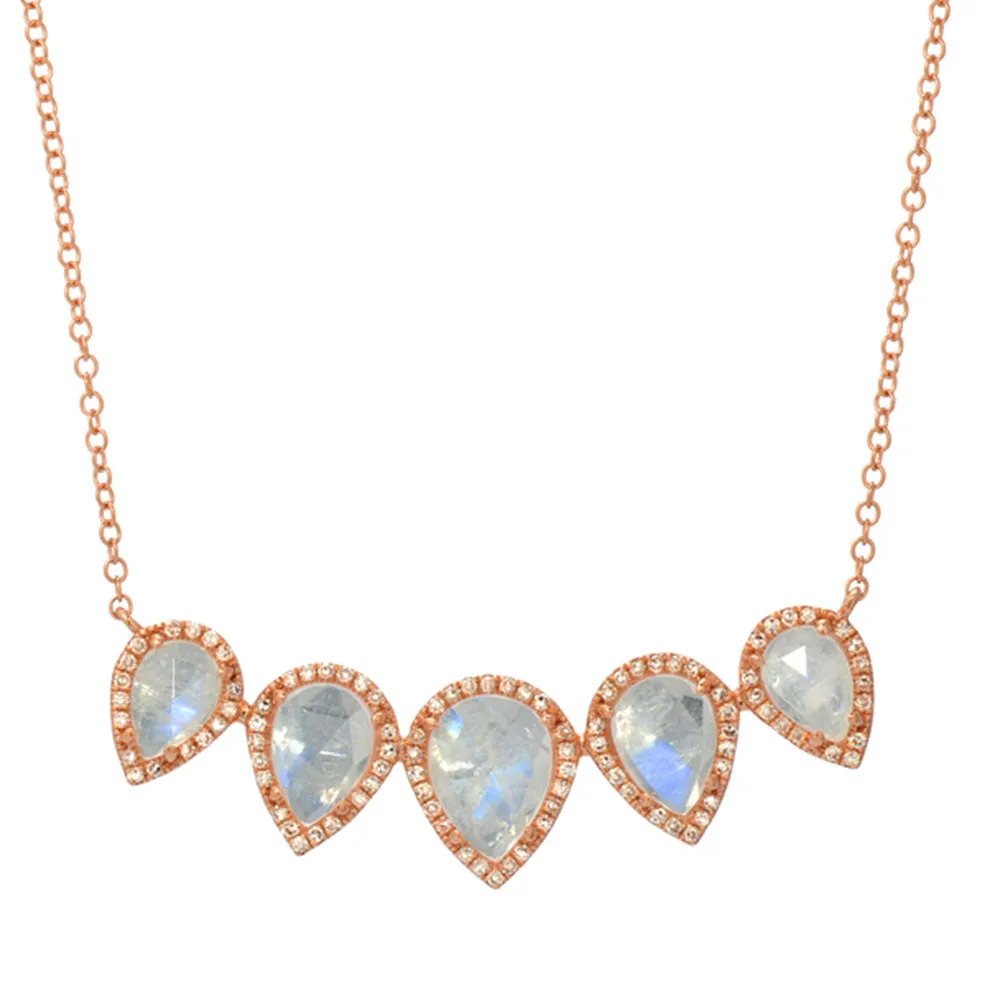 Five Pear Shape Rainbow Moonstone Necklace