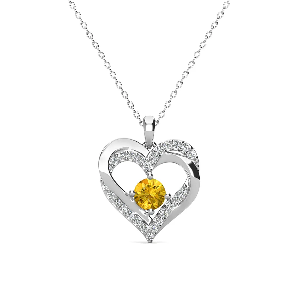 Forever November Birthstone 18k White Gold Plated Silver Double Heart Citrine Necklace with Swarovski Crystals