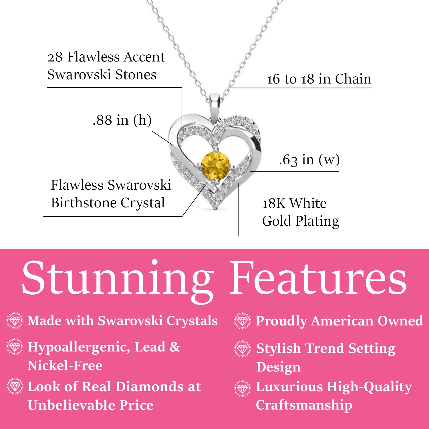 Forever November Birthstone 18k White Gold Plated Silver Double Heart Citrine Necklace with Swarovski Crystals