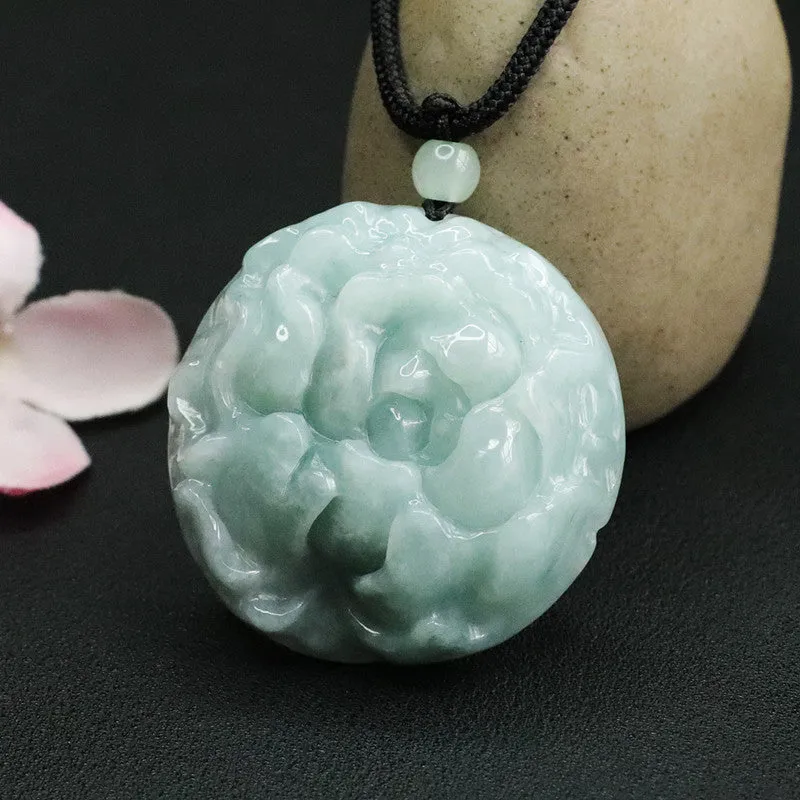 Fortune's Favor: Sterling Silver Jade Peony Flower Pendant