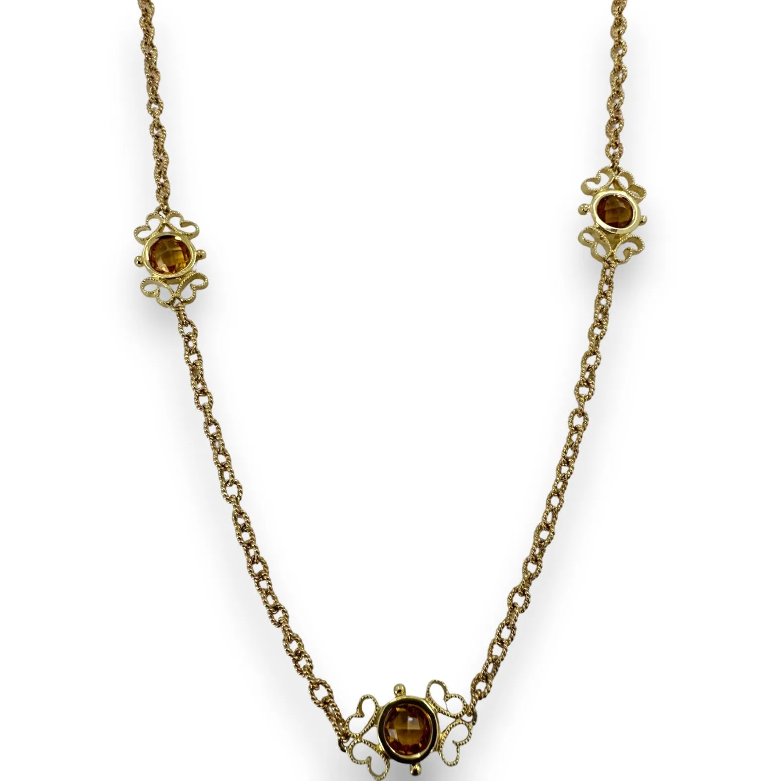 Gabriel and CO Solid 14kt Yellow Gold 12-Station Citrine Gemstone Necklace Textured Cable-Link Long 36" Chain