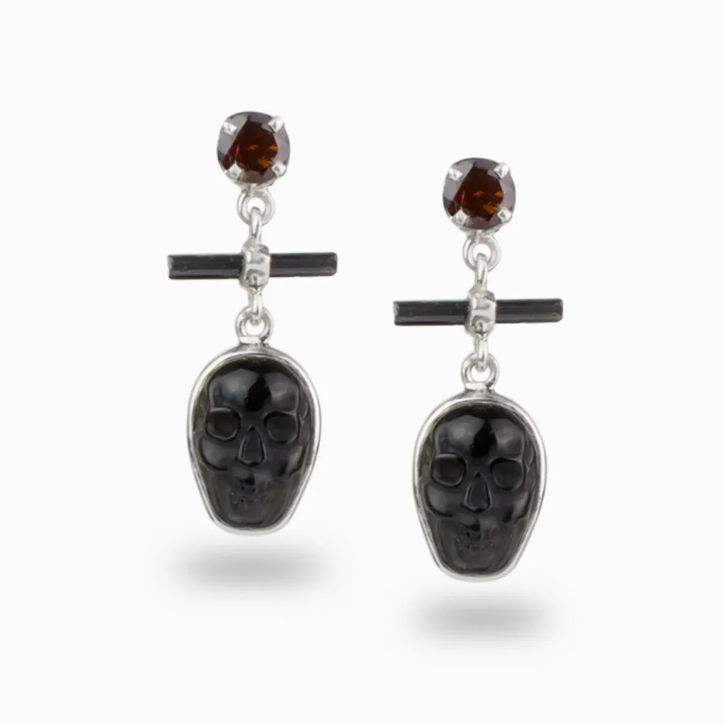 Garnet, Black Tourmaline & Black Obsidian Drop Earrings