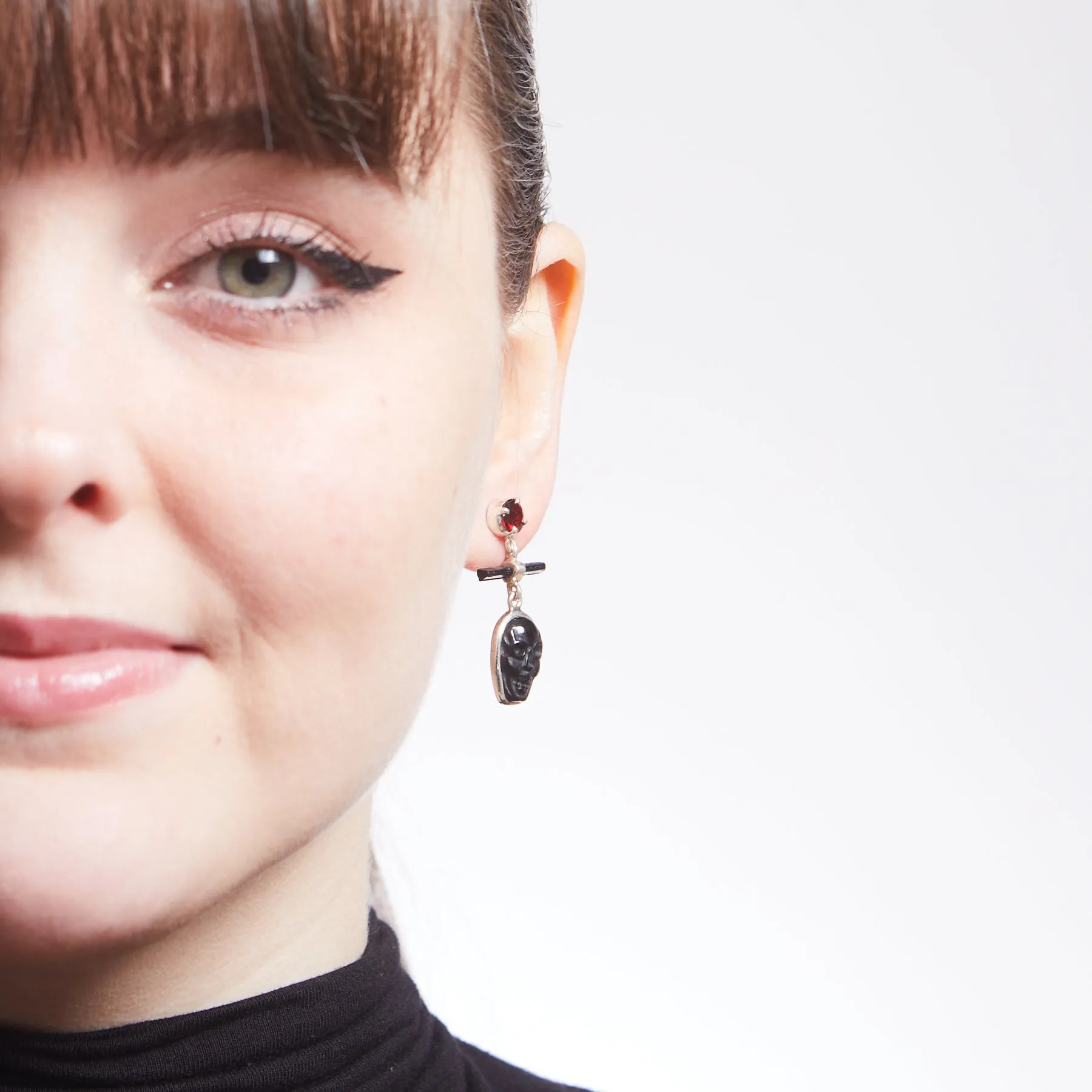 Garnet, Black Tourmaline & Black Obsidian Drop Earrings