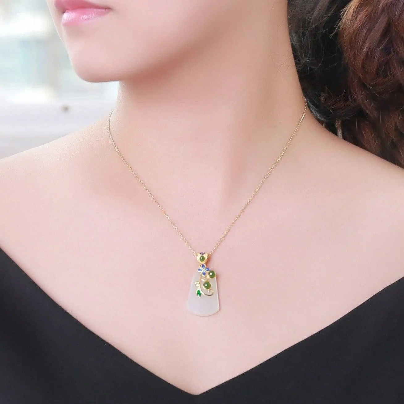 Genuine Green and White Nephrite Jade Pendant Necklace With SS Accents