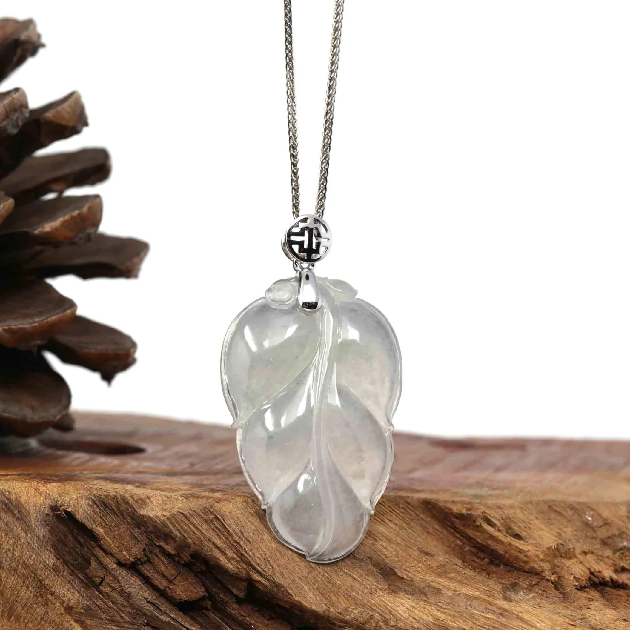 Genuine Ice Jadeite Jade Jin Zhi Yu Ye (Leaf) Necklace With White Gold Bail