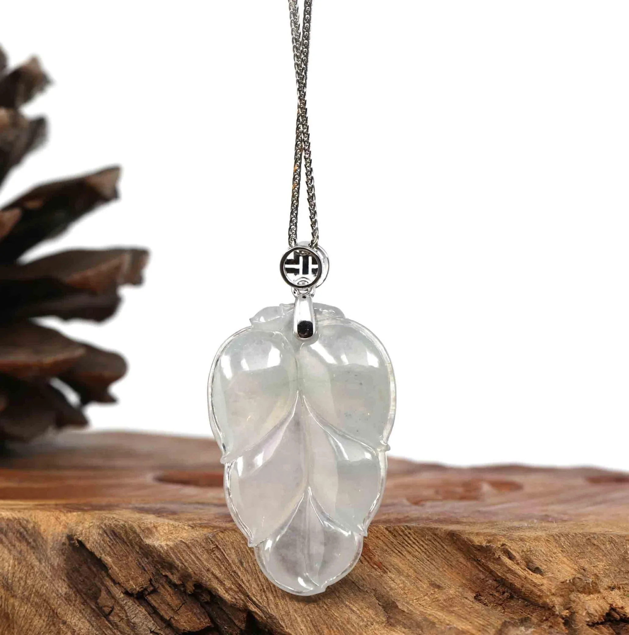 Genuine Ice Jadeite Jade Jin Zhi Yu Ye (Leaf) Necklace With White Gold Bail